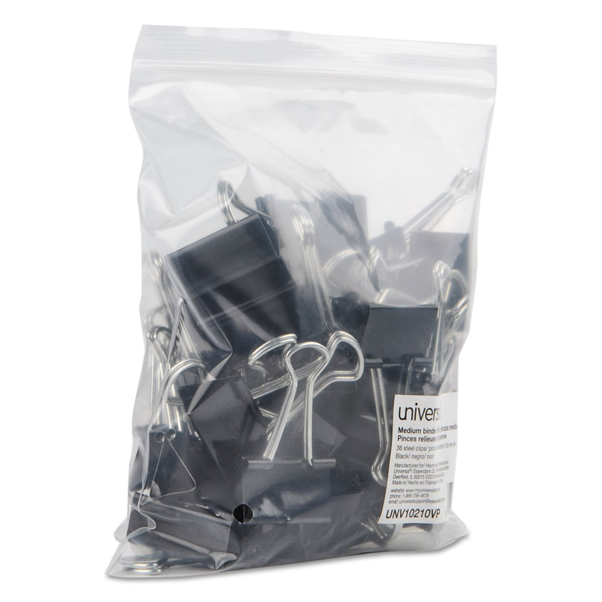 Universal UNV10210VP Binder Clips in Zip-Seal Bag - Medium, Black/Silver (36/Pack)