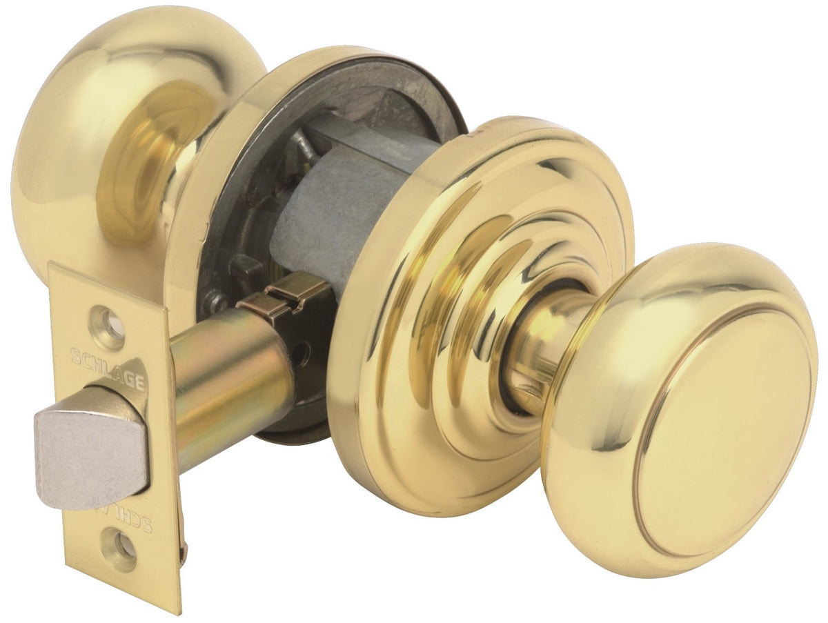 SCHLAGE Andover Passage Knob, Andover Rose, Bright Brass