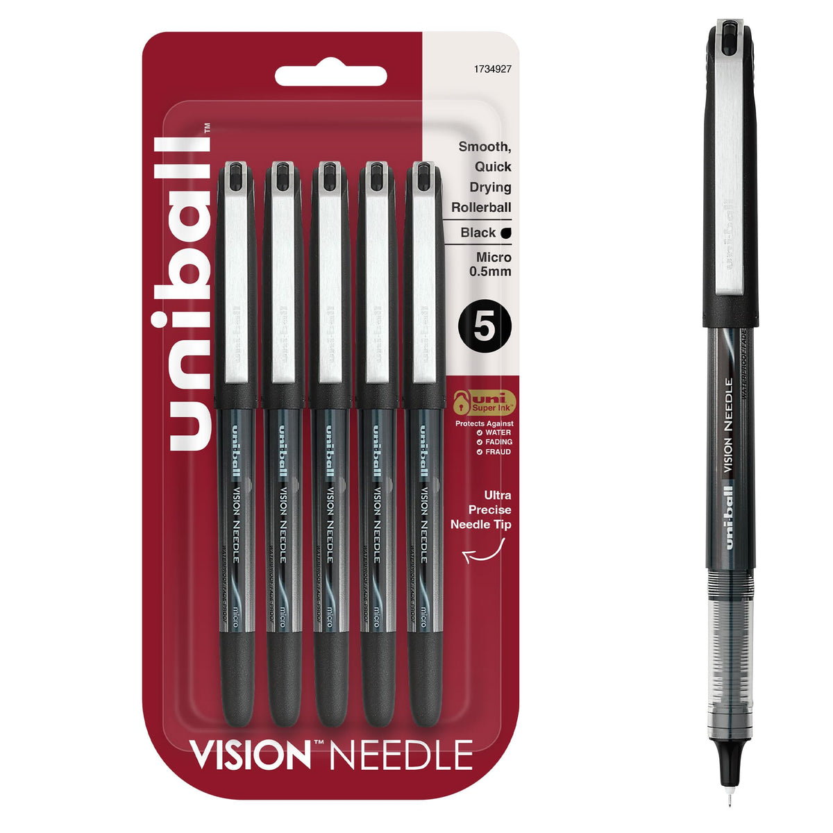 Uni-Ball 1734927 Vision Needle Rollerball Pens, Micro Point 0.5Mm , , 5 Count, Black