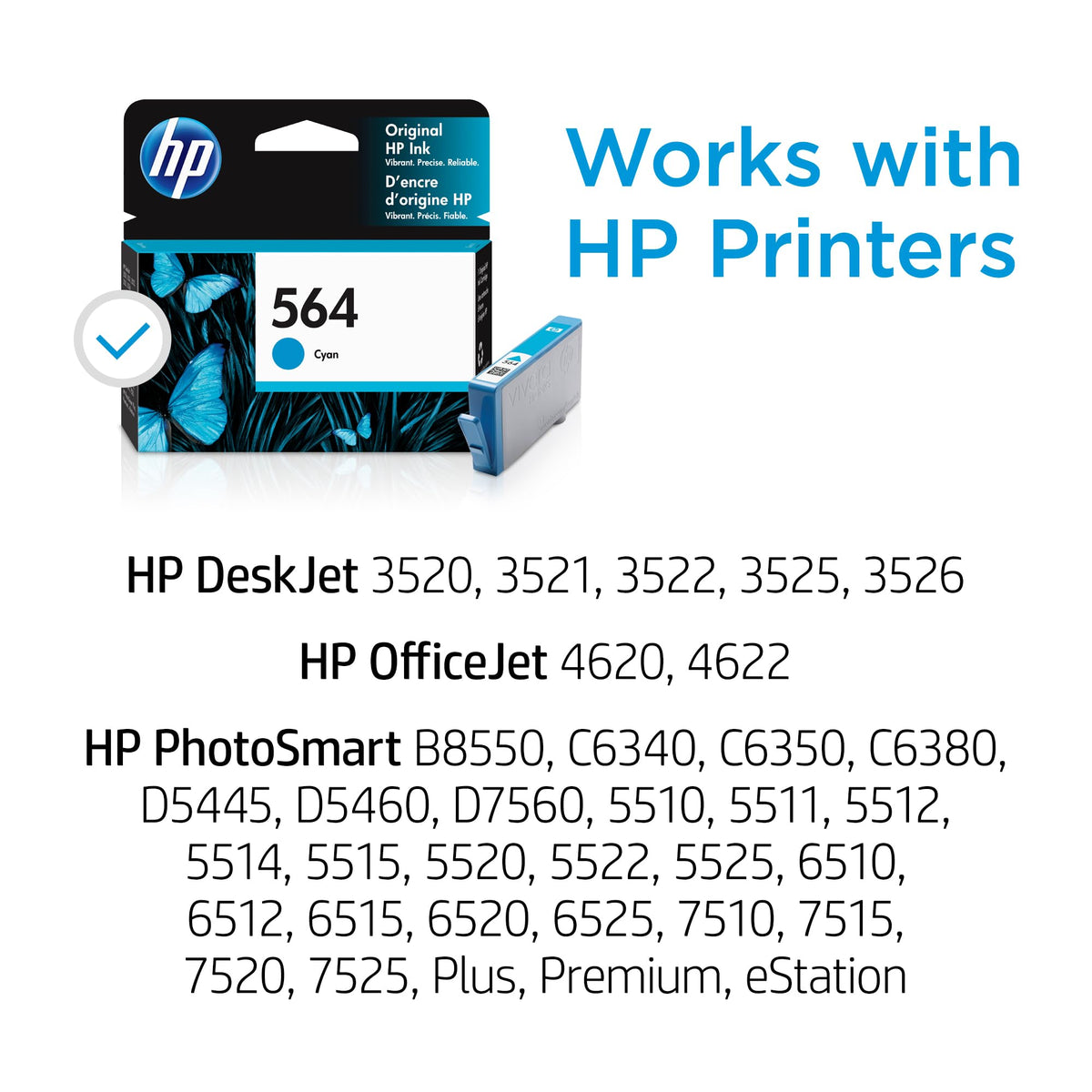 HP 564 Cyan Ink Cartridge | Works with DeskJet 3500; OfficeJet 4620; PhotoSmart B8550, C6300, D5400, D7560, 5510, 5520, 6510, 6520, 7510, 7520, Plus, Premium, eStation Series | CB318WN