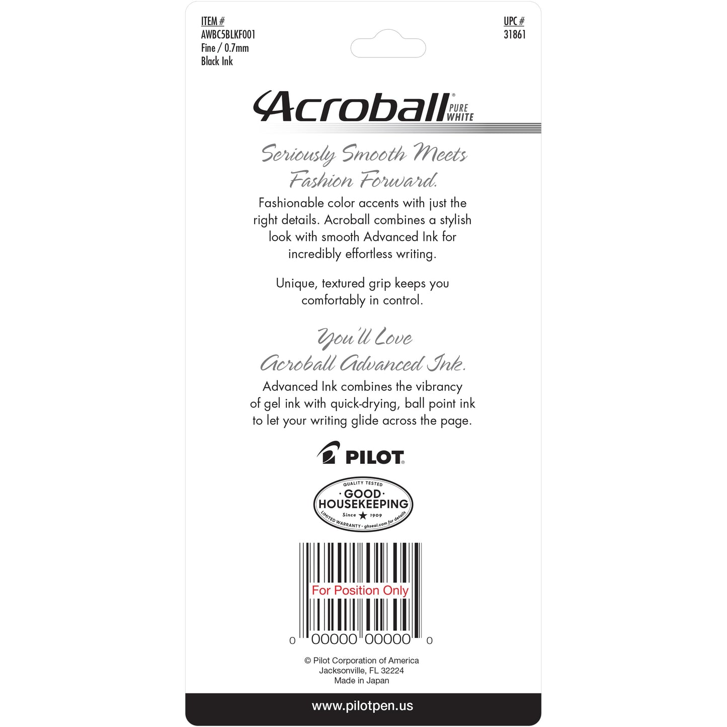 PILOT Acroball PureWhite Advanced Ink Refillable & Retractable Ball Point Pens with Turquoise/Orange/Purple/Lime/Blue Accents, Fine Point, Black Ink, 5-Pack (31861)