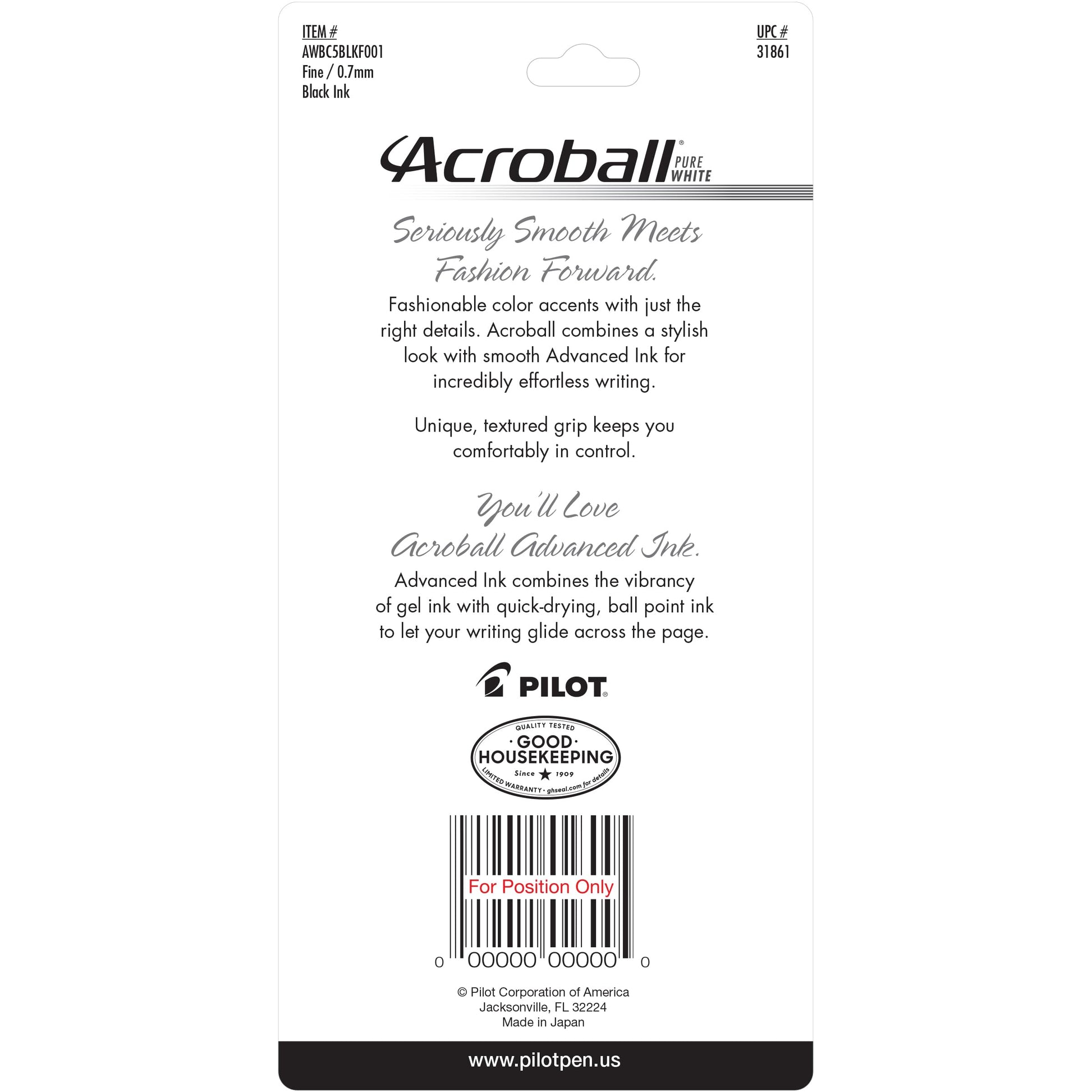 PILOT Acroball PureWhite Advanced Ink Refillable & Retractable Ball Point Pens with Turquoise/Orange/Purple/Lime/Blue Accents, Fine Point, Black Ink, 5-Pack (31861)