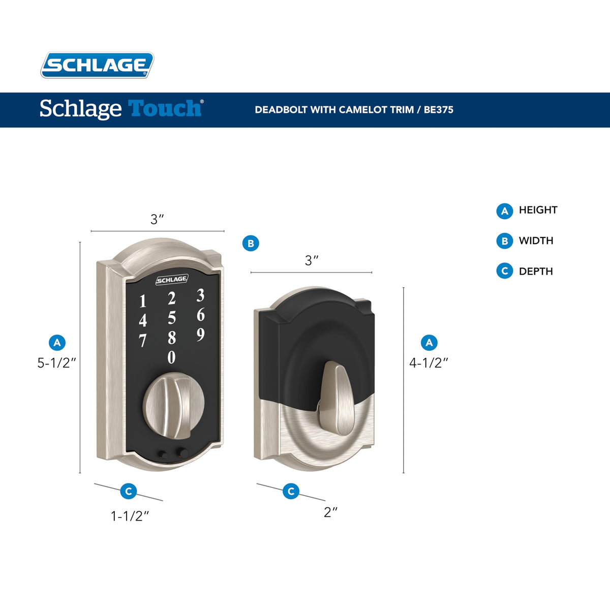 SCHLAGE BE375 CAM 625 Touch Keyless Touchscreen Electronic Deadbolt Lock, Bright Chrome