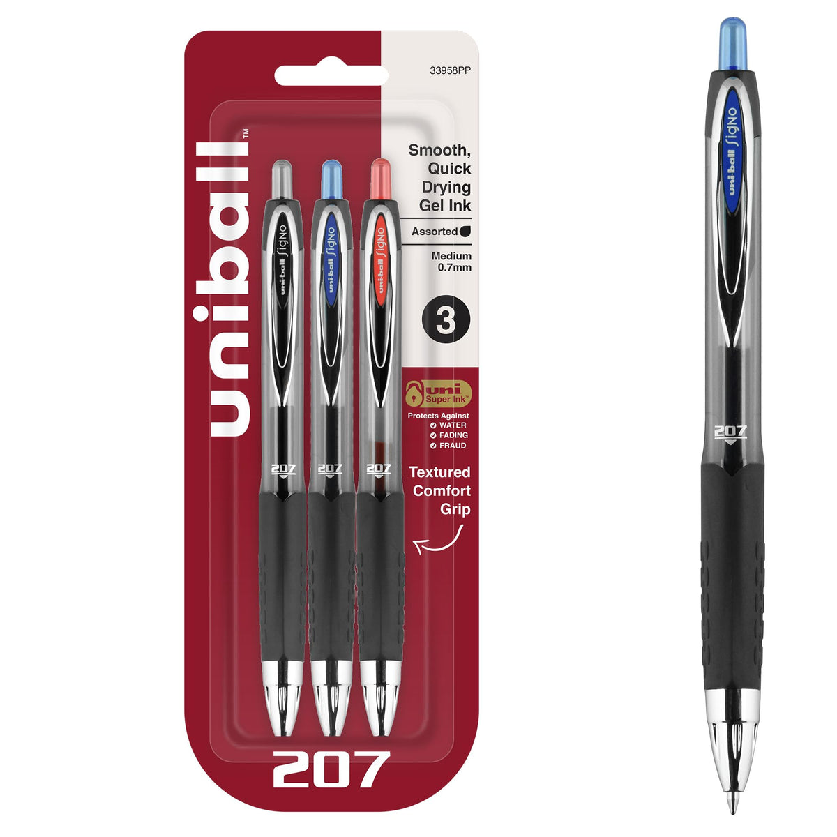uniball™ 207 Retractable Gel Pens, Medium Point (0.7mm), Assorted, 3 Pack