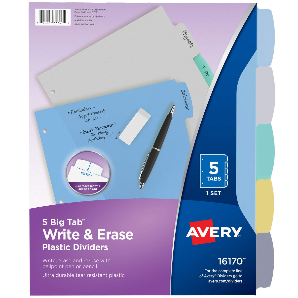Avery Big Tab Write & Erase Durable Plastic Dividers for 3 Ring Binders, 5-Tab Set, Pastel Multicolor, 1 Set (16170)
