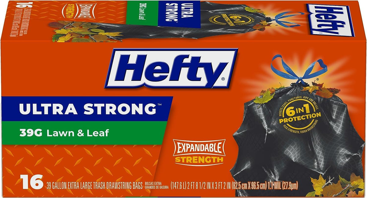 He Ultra Strong Lawn and Leaf Large Trash Bags, 39 Gallon, 16 Count-Hefty