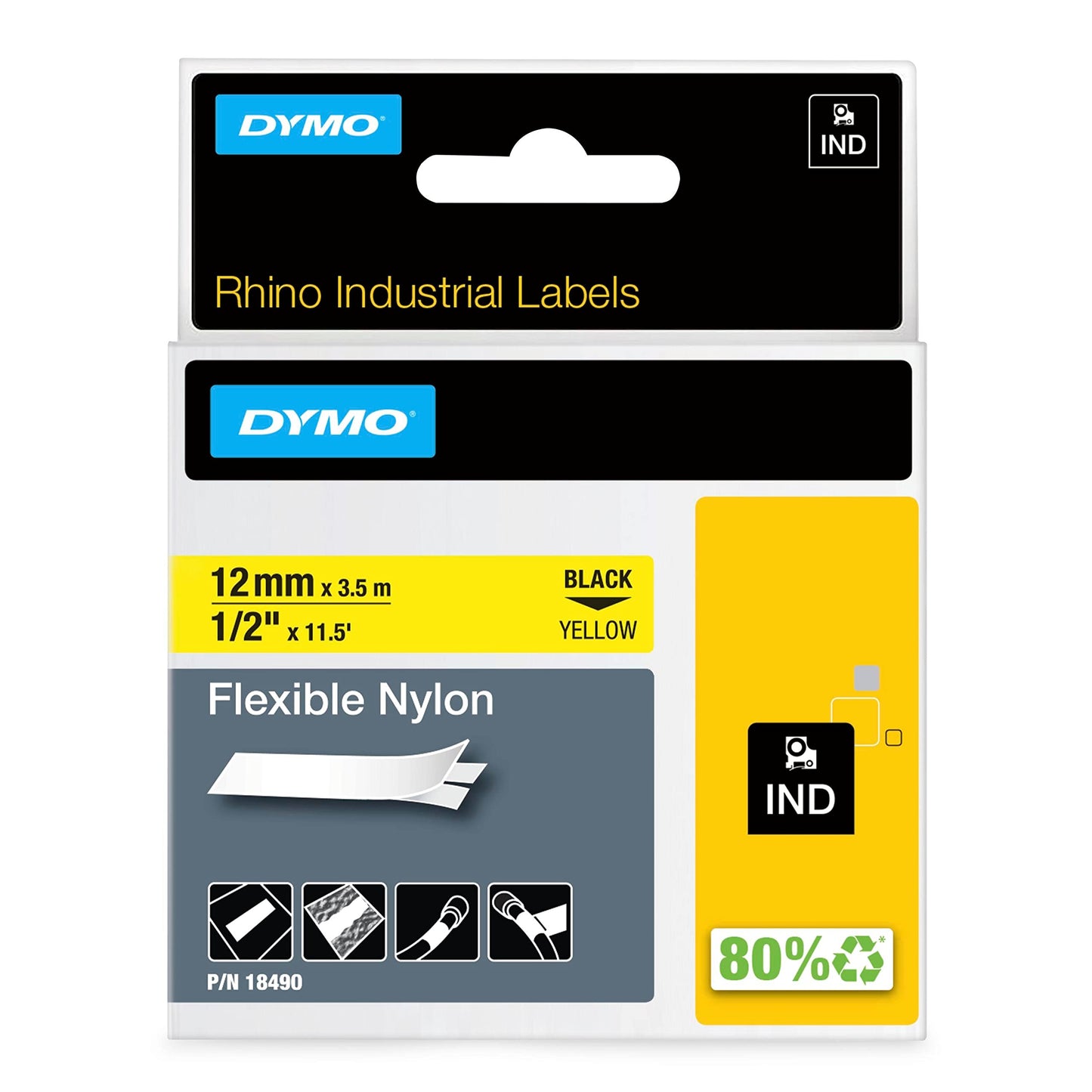 DYMO Rhino Industrial Flexible Nylon Labels, 1/2" x 11.5', Black Print on Yellow Tape