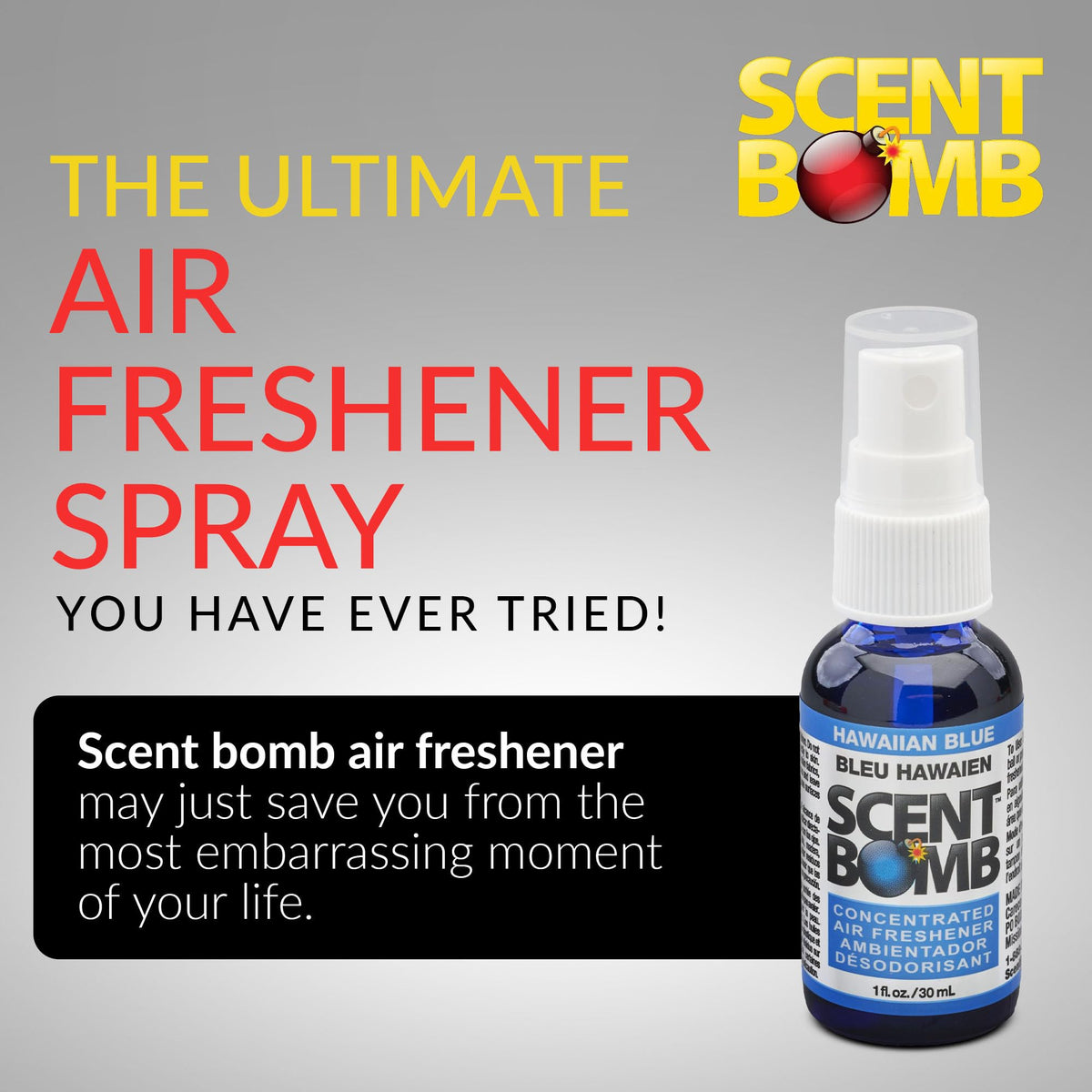 Scent Bomb Air Freshener Spray, Long-Lasting Odor Eliminator - Effective Deodorizer for Home & Car, Fresh Room Spray for Kitchen, Bathroom & Smell Neutralizer - 1 oz Pack of 4, Hawaiian Blue Scent