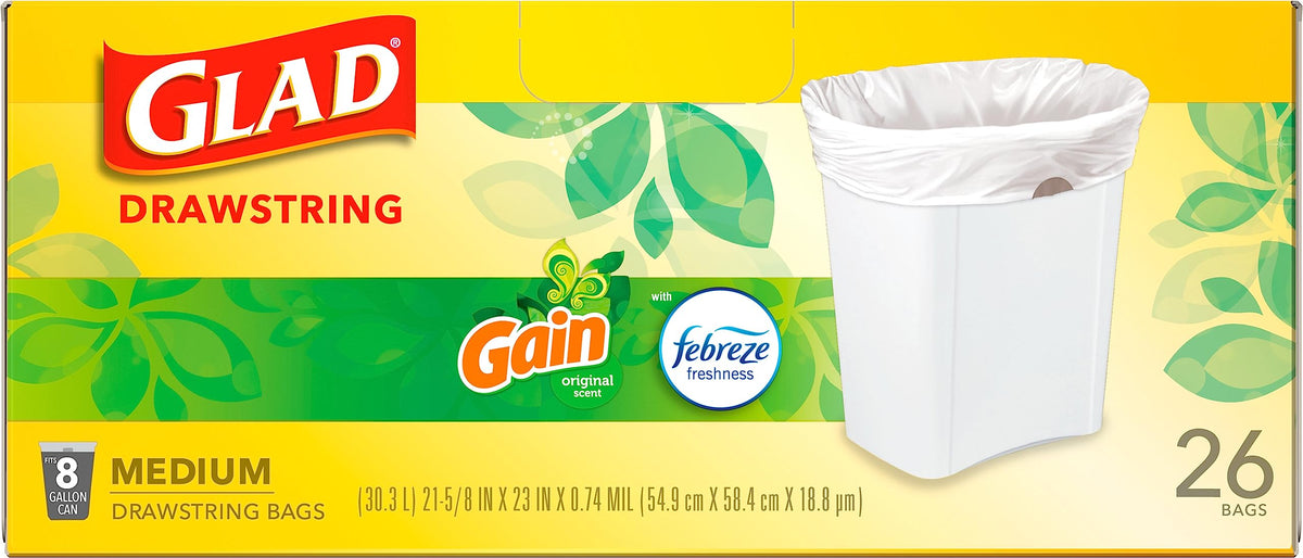 Glad Medium Trash Bags, 8 Gallon, Gain Original with Febreze Garbage Bags, With Odor Control and Drawstring, 26 Count