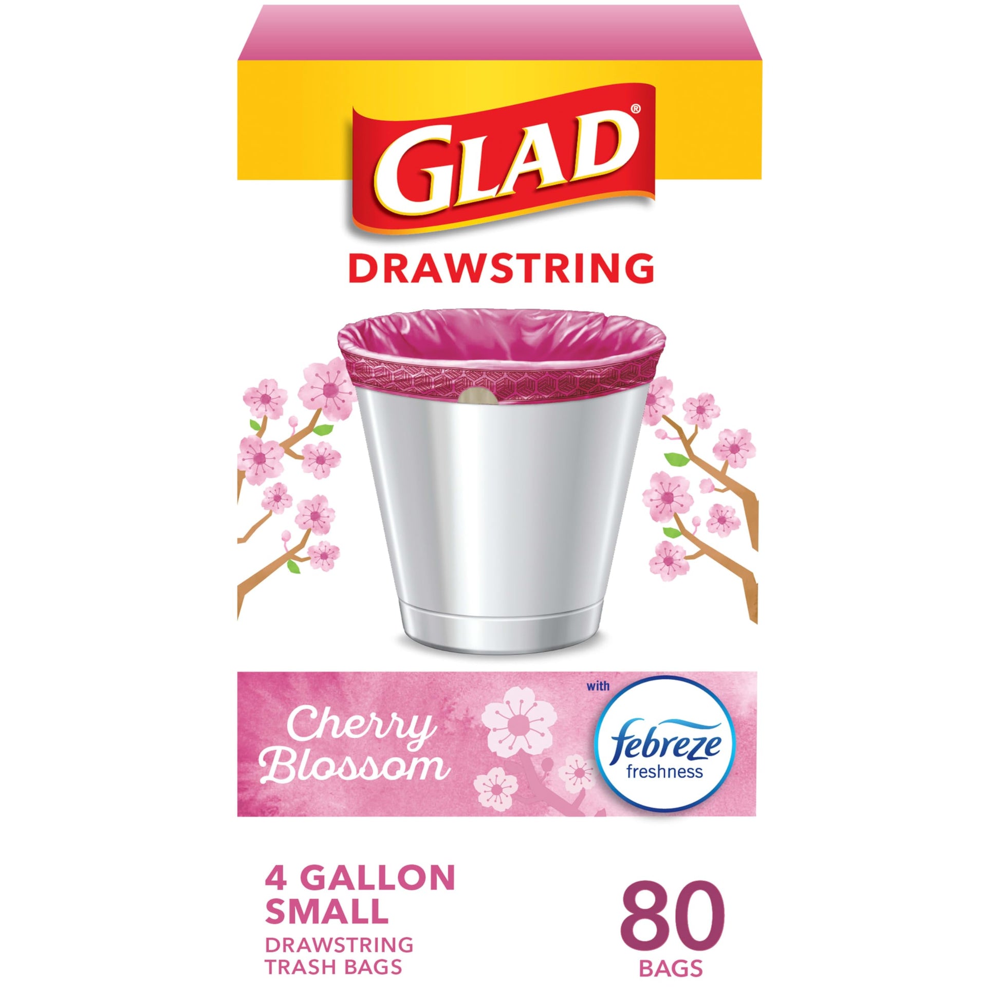 Glad Small Trash Bags 4 Gallon, Febreze Cherry Blossom Garbage Bags, Odor Resistant with Drawstring, 80 Count