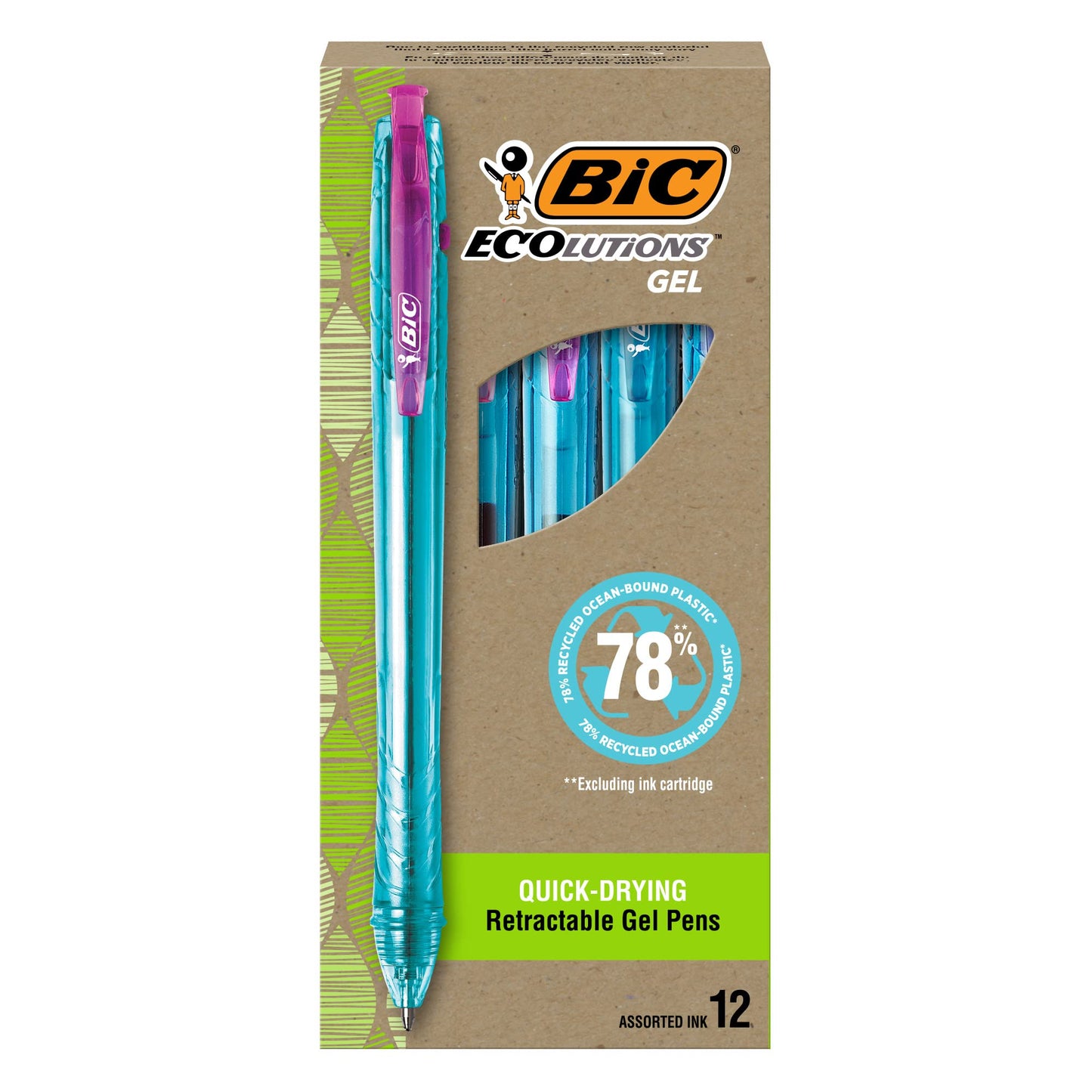 BIC Ecolutions Gel Pens, Medium Point (1.0mm), 12-Count Pack, Retractable Assorted Ink Pens Made from 78% Ocean-Bound Recycled Plastic Excluding Ink Cartridge