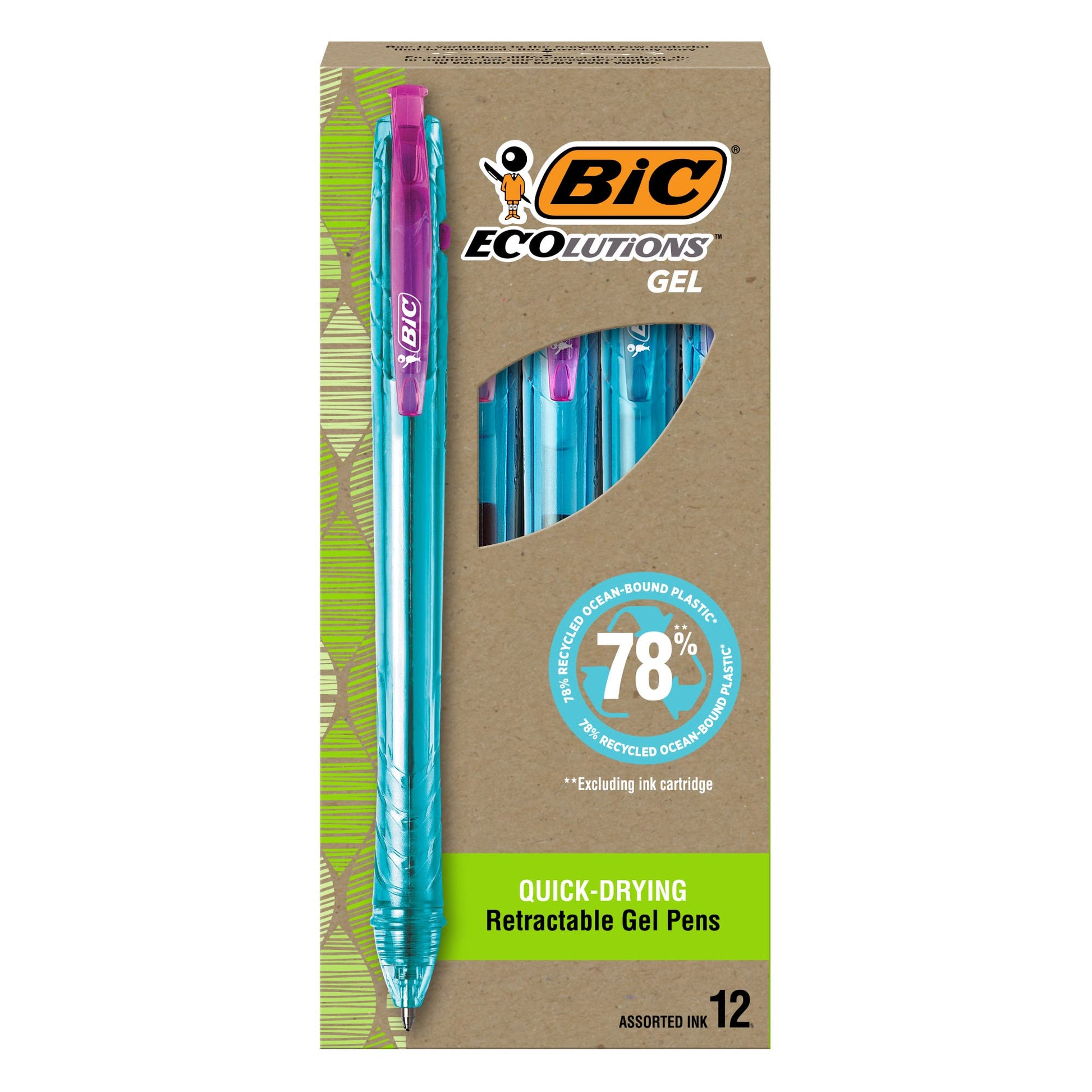BIC Ecolutions Gel Pens, Medium Point (1.0mm), 12-Count Pack, Retractable Assorted Ink Pens Made from 78% Ocean-Bound Recycled Plastic Excluding Ink Cartridge