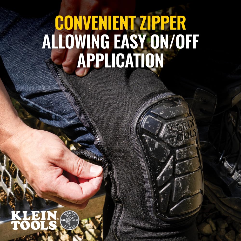 Klein Tools 60850 Tough-Flex Knee Sleeves for Work, Construction, Low-Profile Sleeve with Zipper, Gel-Like Foam, Black, XL/XXL