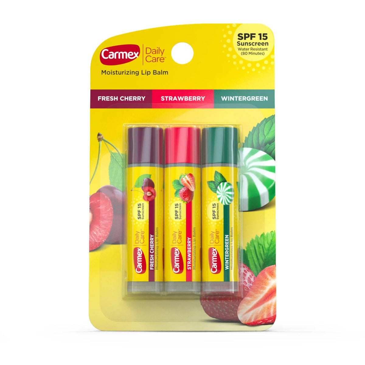 Carmex Moisturizing Lip Balm 3 Tubes Assorted Flavor - Fresh Cherry, Strawberry, Wintergreen (6 Pack)