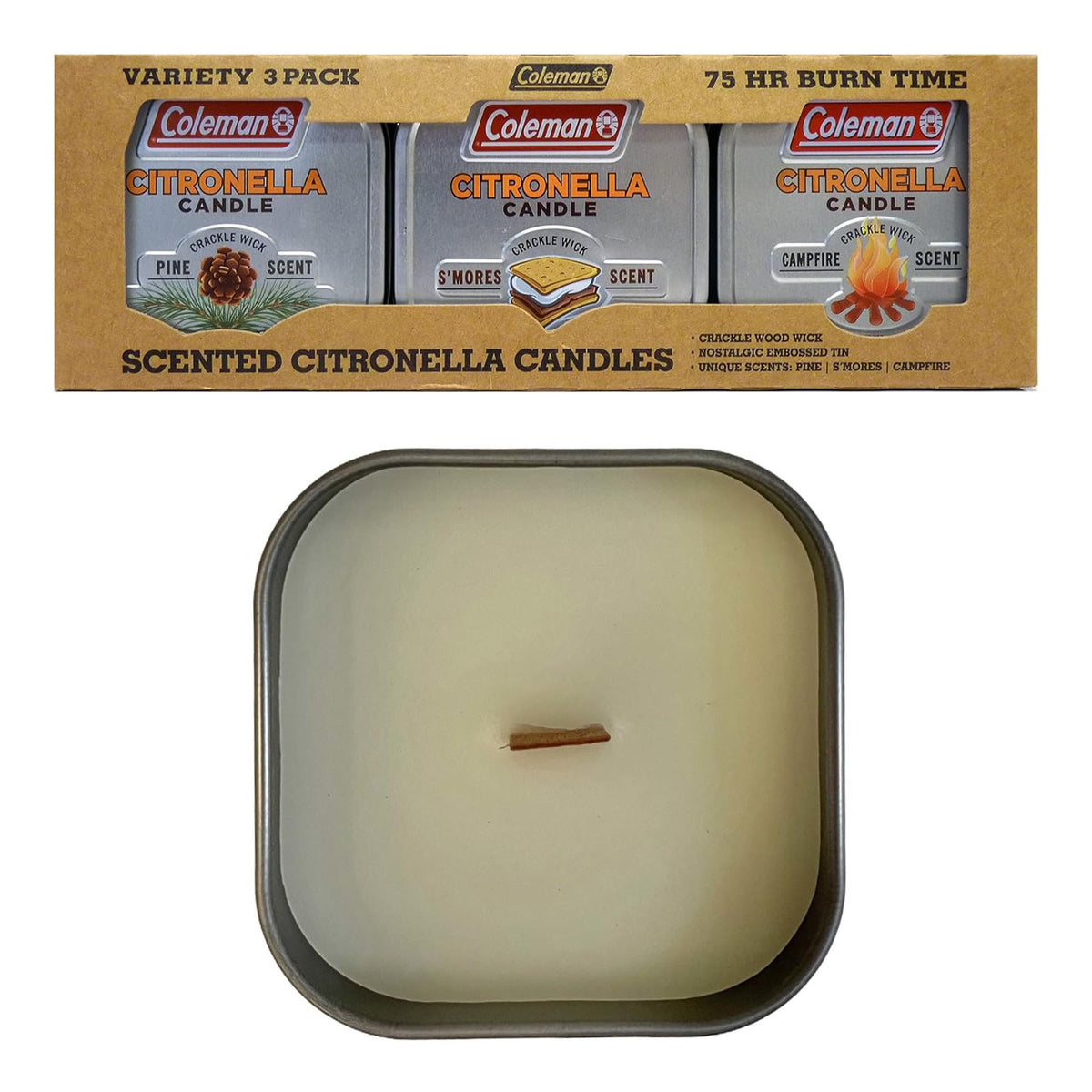 Coleman Scented Tin Citronella Candle - 3 Pack, S'Mores, Pine and Campfire