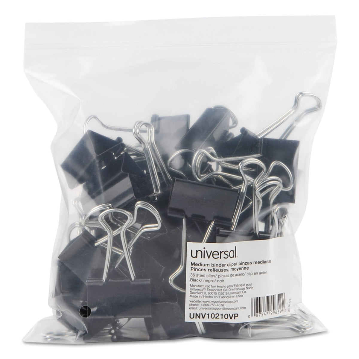 Universal UNV10210VP Binder Clips in Zip-Seal Bag - Medium, Black/Silver (36/Pack)