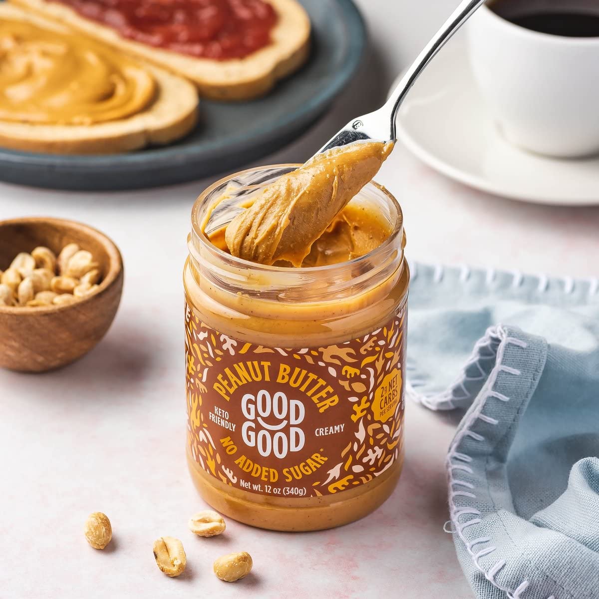 GOOD GOOD Creamy Peanut Butter Keto Friendly - Low Carb & No Added Sugars - Vegan - No Preservatives - Non-GMO - 12 oz / 340g (Pack of 1)