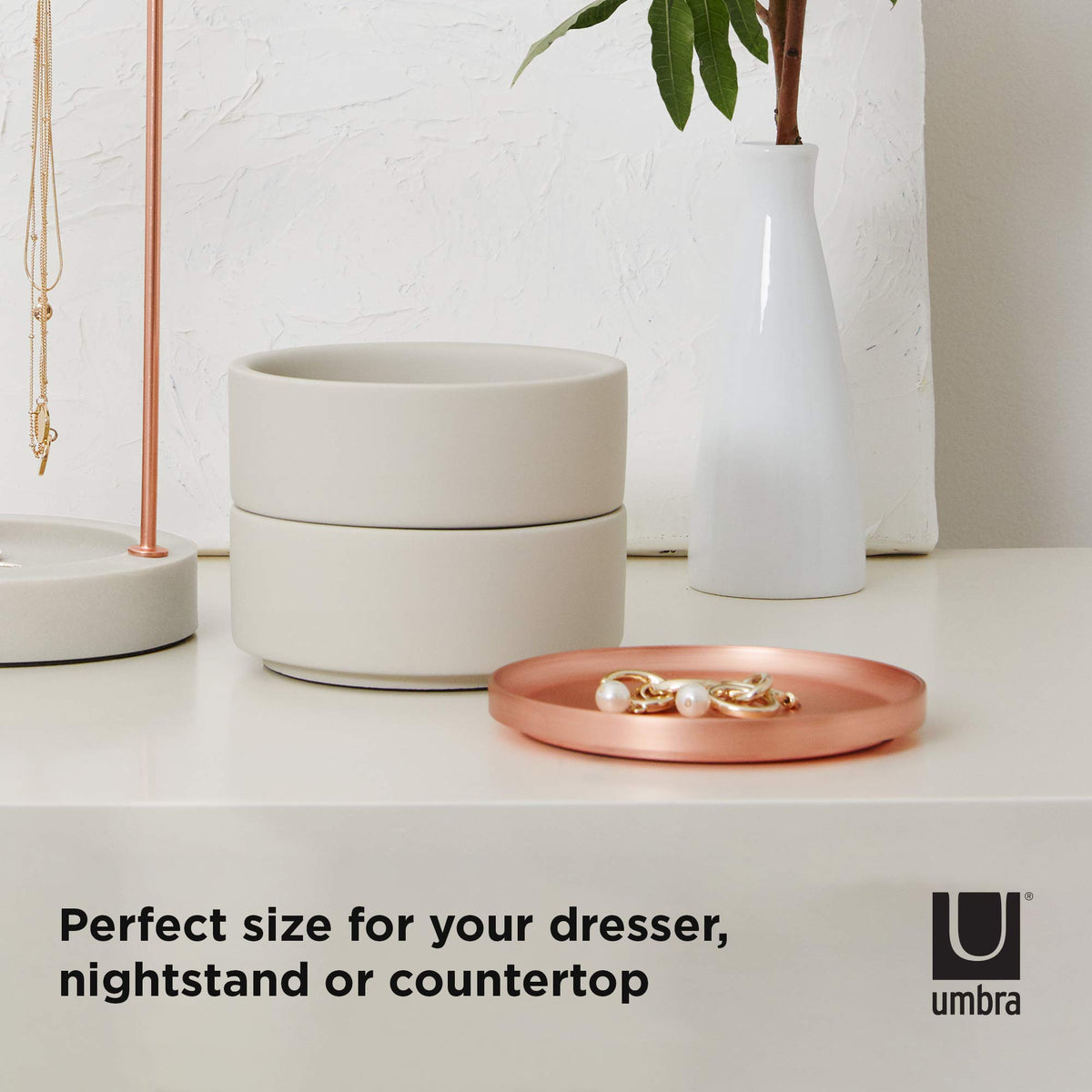 Umbra Tesora Jewelry Box, Two-Tier Resin Storage Container with Removable Lid, Concrete/Copper