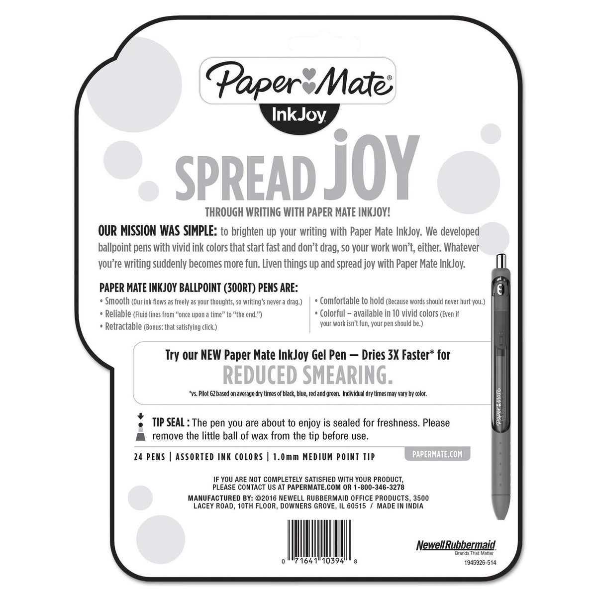PAPER MATE 1945926 Inkjoy 300 RT Retractable Ballpoint Pen, 1mm, Assorted, 24/Pack