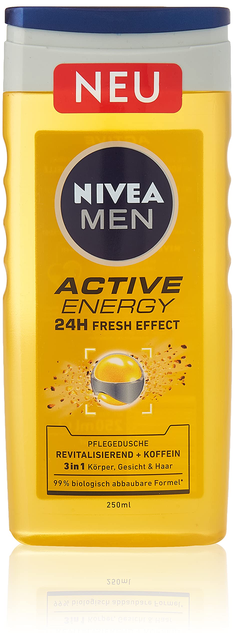 NIVEA MEN Active Energy Shower Gel (250ml), Refreshing Shower Gel with Natural Caffeine, Revitalising Shower for Body, Face and Hair