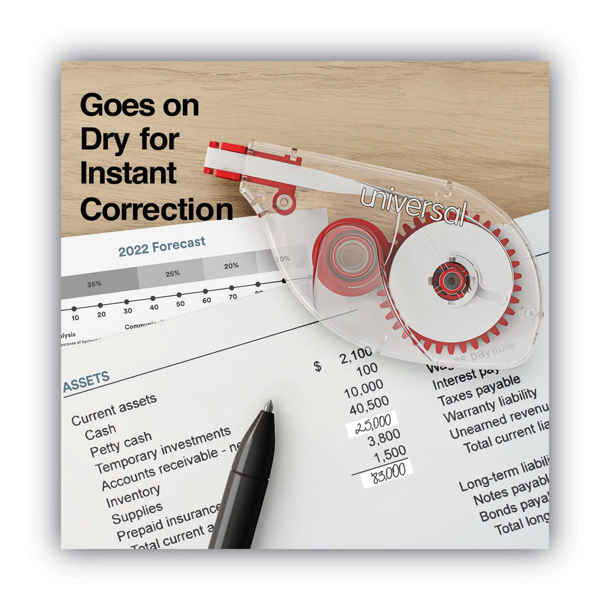 Universal 75610 Side-Application Correction Tape, Clear Red Applicator, 0.2-inch x 393-inch, 6/Pack