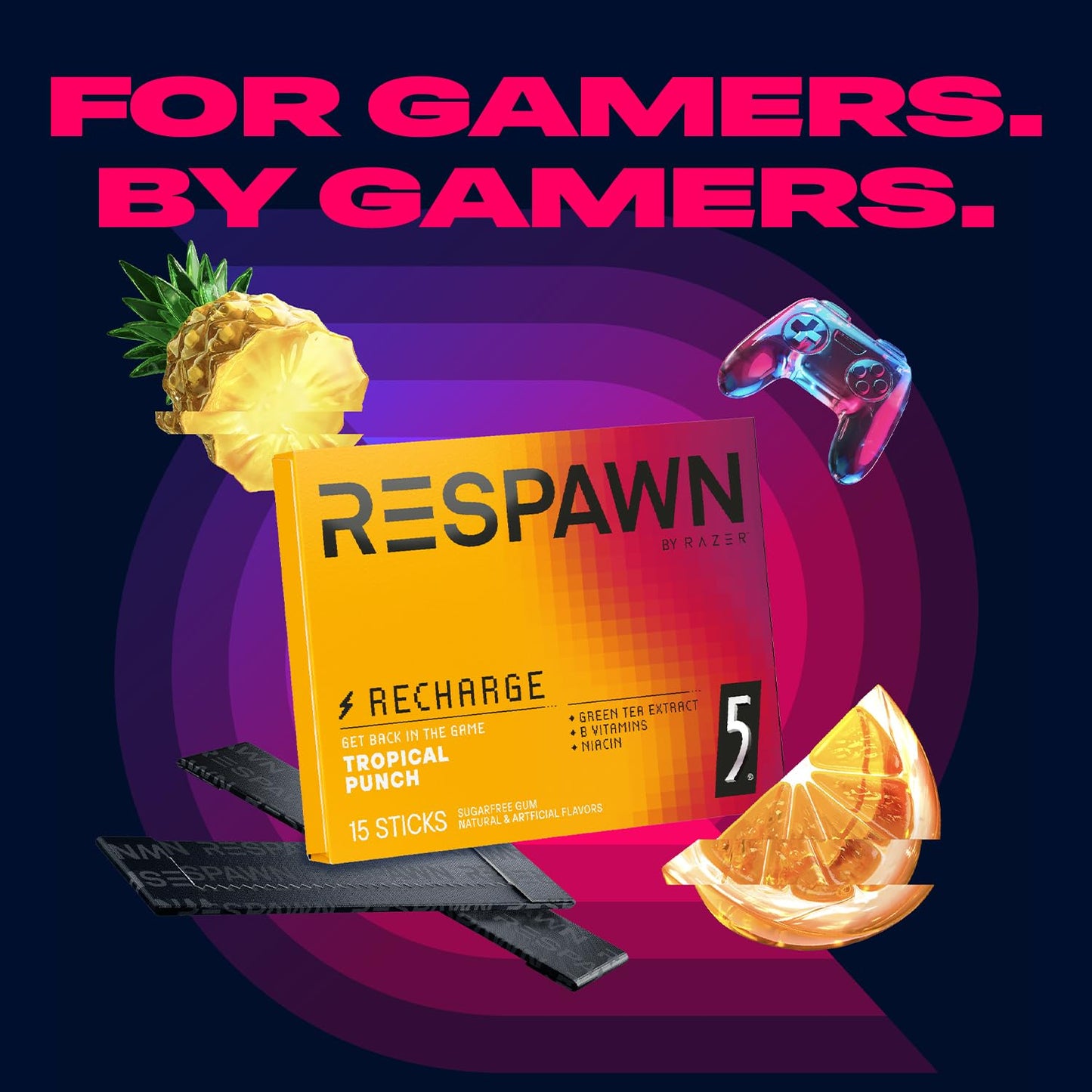 RESPAWN by Razer Chewing Gum - Tropical Punch, Neurogum Energy and Focus Sugar-Free, 15 Count Pack of 10 Bulk Box