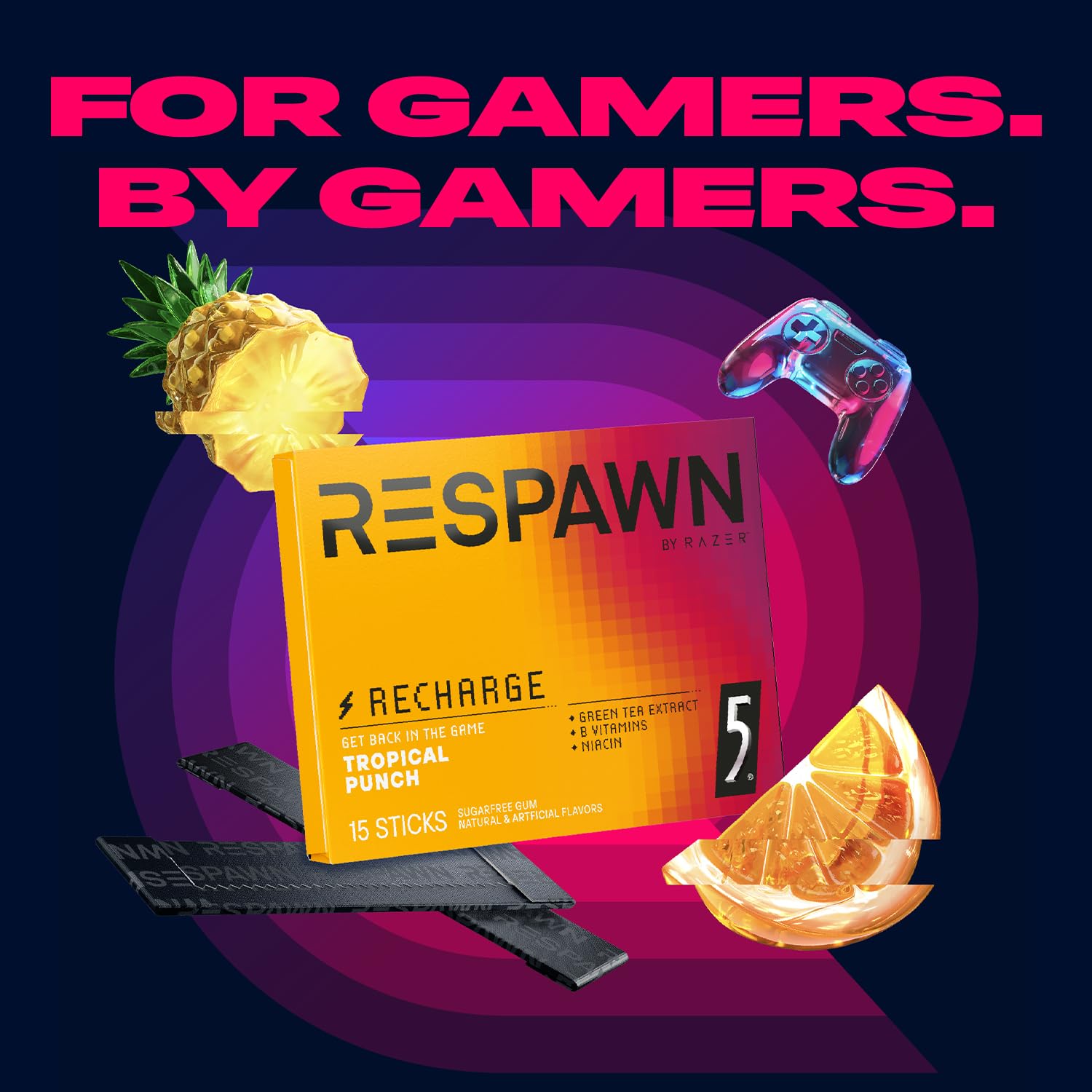 RESPAWN by Razer Chewing Gum - Tropical Punch, Neurogum Energy and Focus Sugar-Free, 15 Count Pack of 10 Bulk Box
