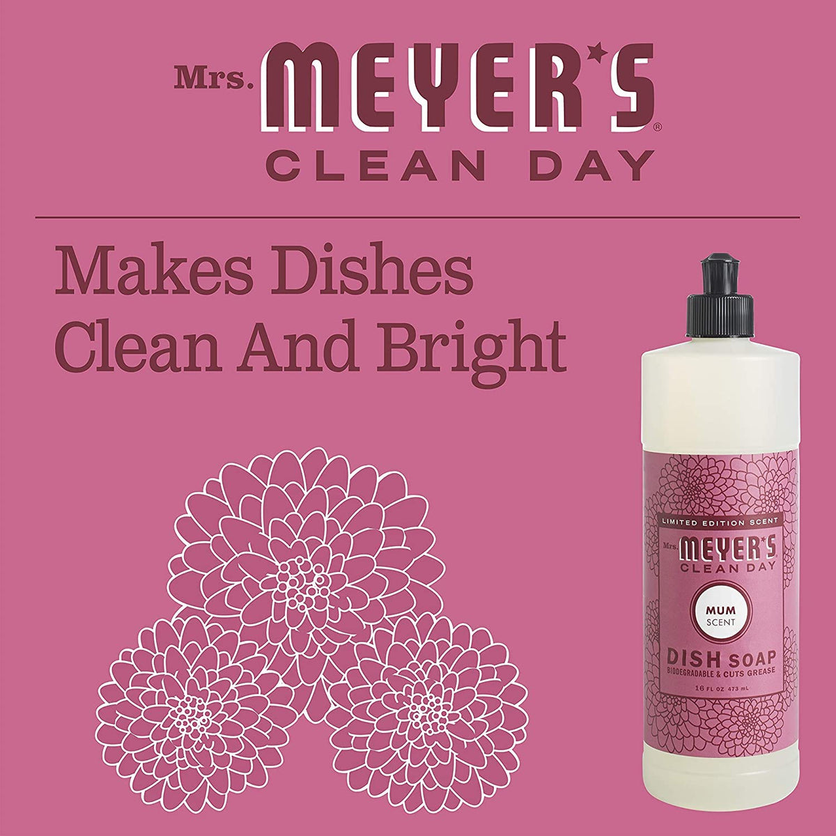 Mrs. MEYER'S Clean Day Liquid Dish Soap, Biodegradable Formula, Mum,16 Fl Oz. (Pack of 6)
