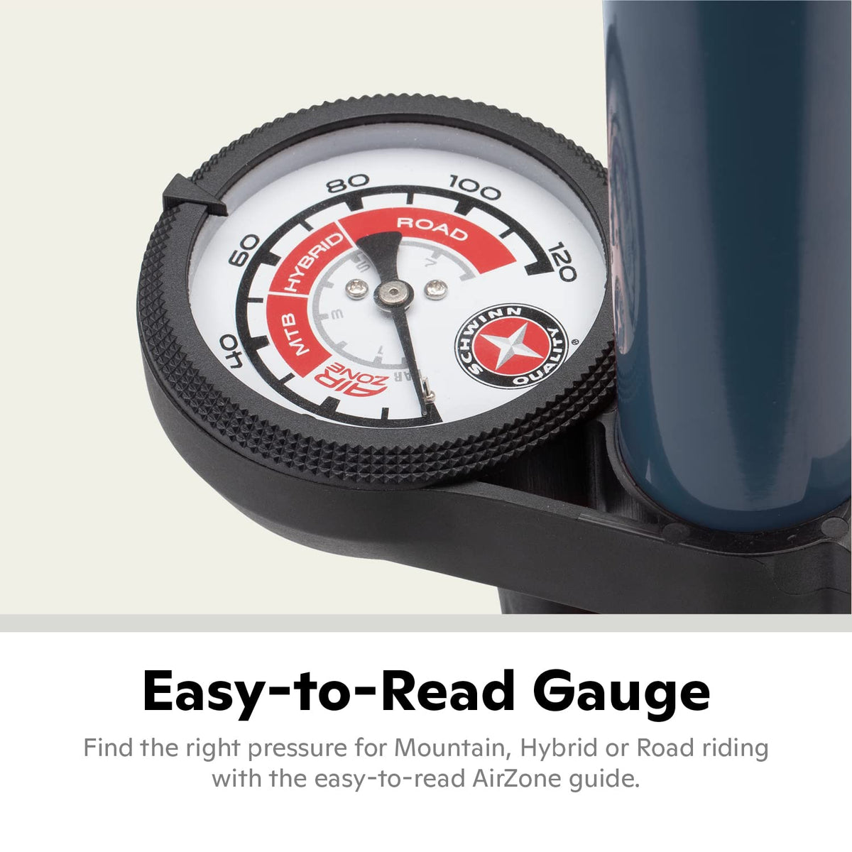Schwinn Air Center Plus Floor Bike Pump, Pressure Gauge, Pumps 120 Max PSI, Dual Head Fits Schrader and Presta Valve Types, Wide Metal Base, Navy Blue