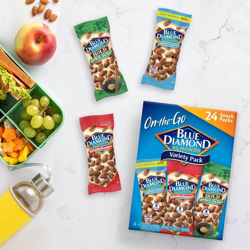 Blue Diamond Almonds Snack Nut Variety Pack for Kids, Office, School, On-the-go, 0.75 oz Gluten Free Individual Packs, Wasabi & Soy Sauce, Lightly Salted, and Smokehouse (Pack of 1,24 Count Total)