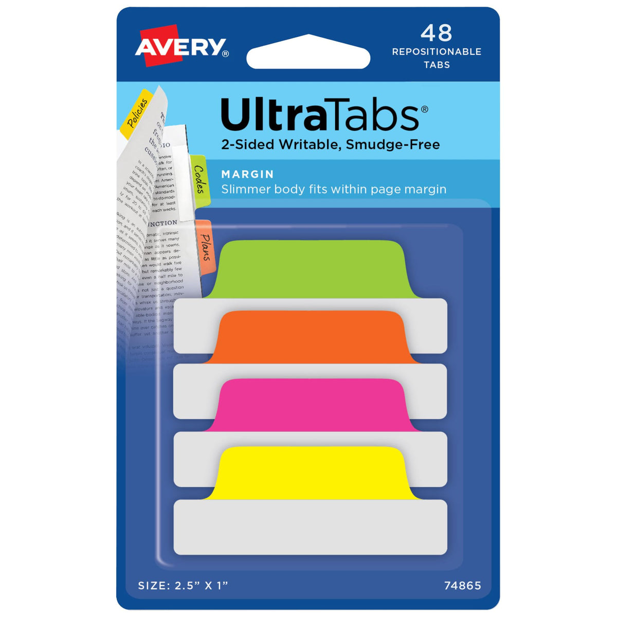 Avery Margin Ultra Tabs, 2.5" x 1", 2-Side Writable, Assorted Neon Colors, 48 Repositionable Page Tabs (74865)