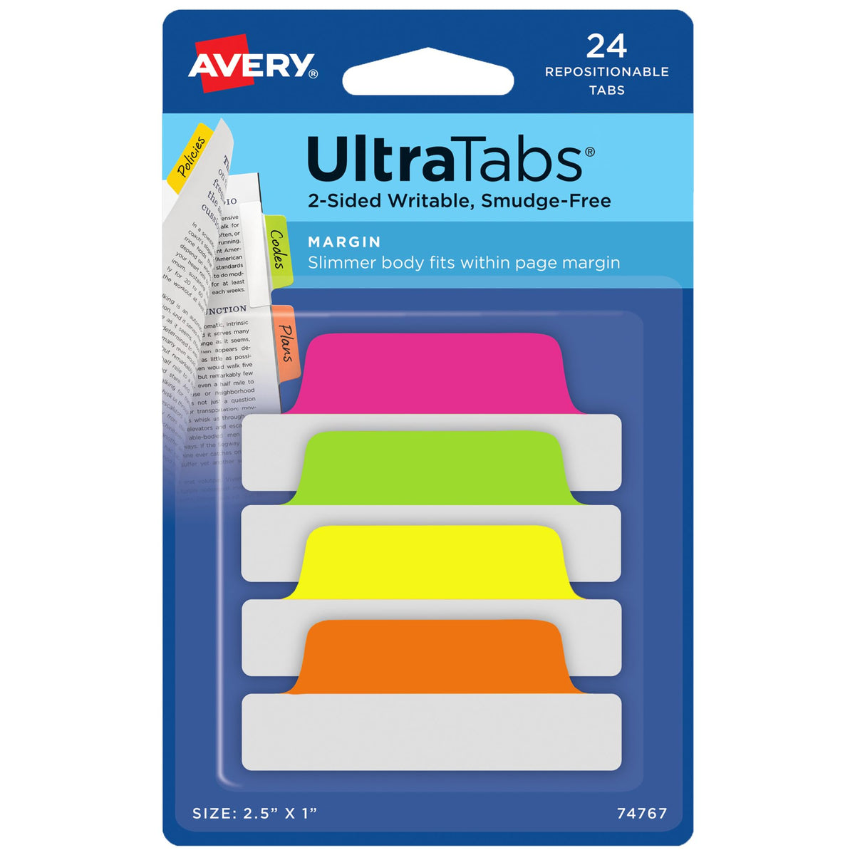 Avery Margin Ultra Tabs, 2.5" x 1", 2-Side Writable, Assorted Neon Color, 24 Repositionable Page Tabs (74767)