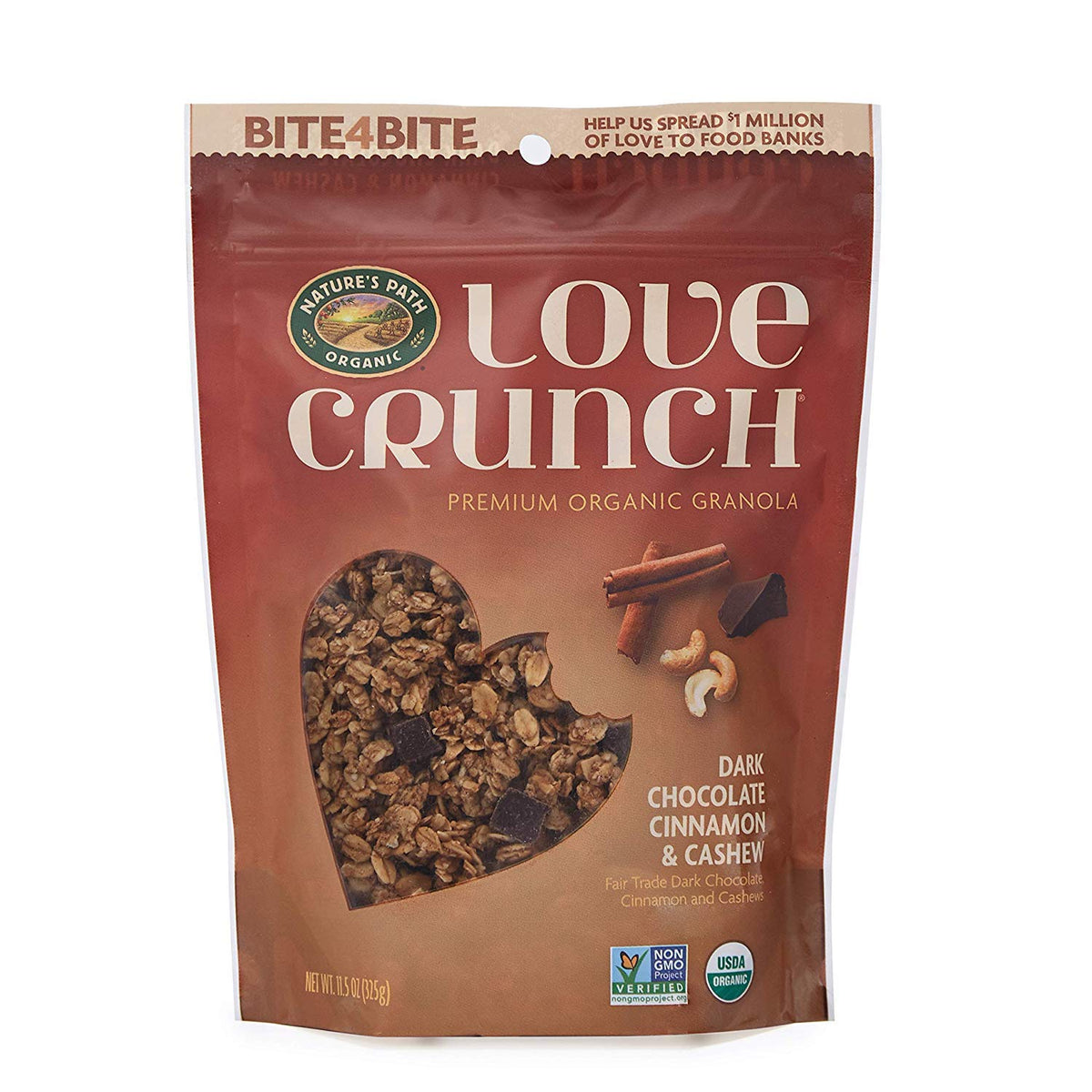 Love Crunch Organic Dark Chocolate Cinnamon and Cashew Granola, 11.5 Ounce (Pack of 6), Non-GMO, Fair Trade, by Nature's Path
