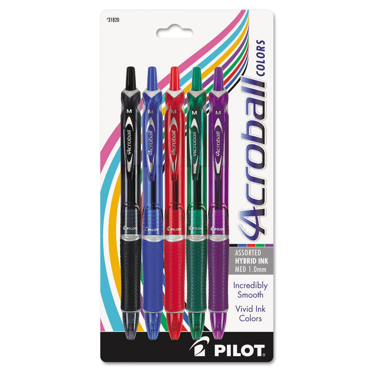 PILOT Acroball Colors Advanced Ink Refillable & Retractable Ball Point Pens, Medium Point, Black/Blue/Red/Green/Purple Inks, 5-Pack (31820)