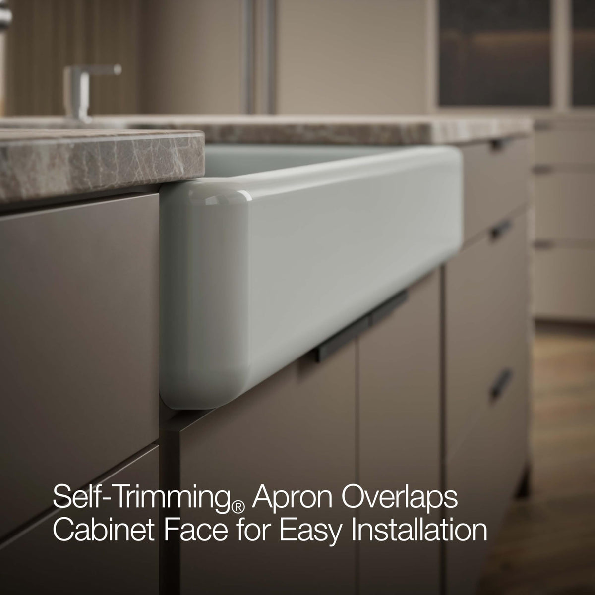 KOHLER K-5826-95 Whitehaven Farmhouse Self-Trimming Undermount Single-Bowl Sink with Short Apron, Ice Grey