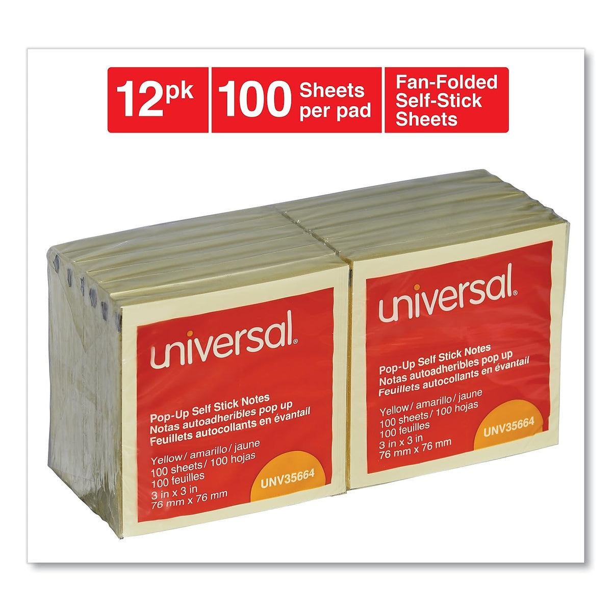 Universal 35664 Fan-Folded Pop-Up Notes, 3 x 3, Yellow, 100-Sheet/Pad, 12/Pack