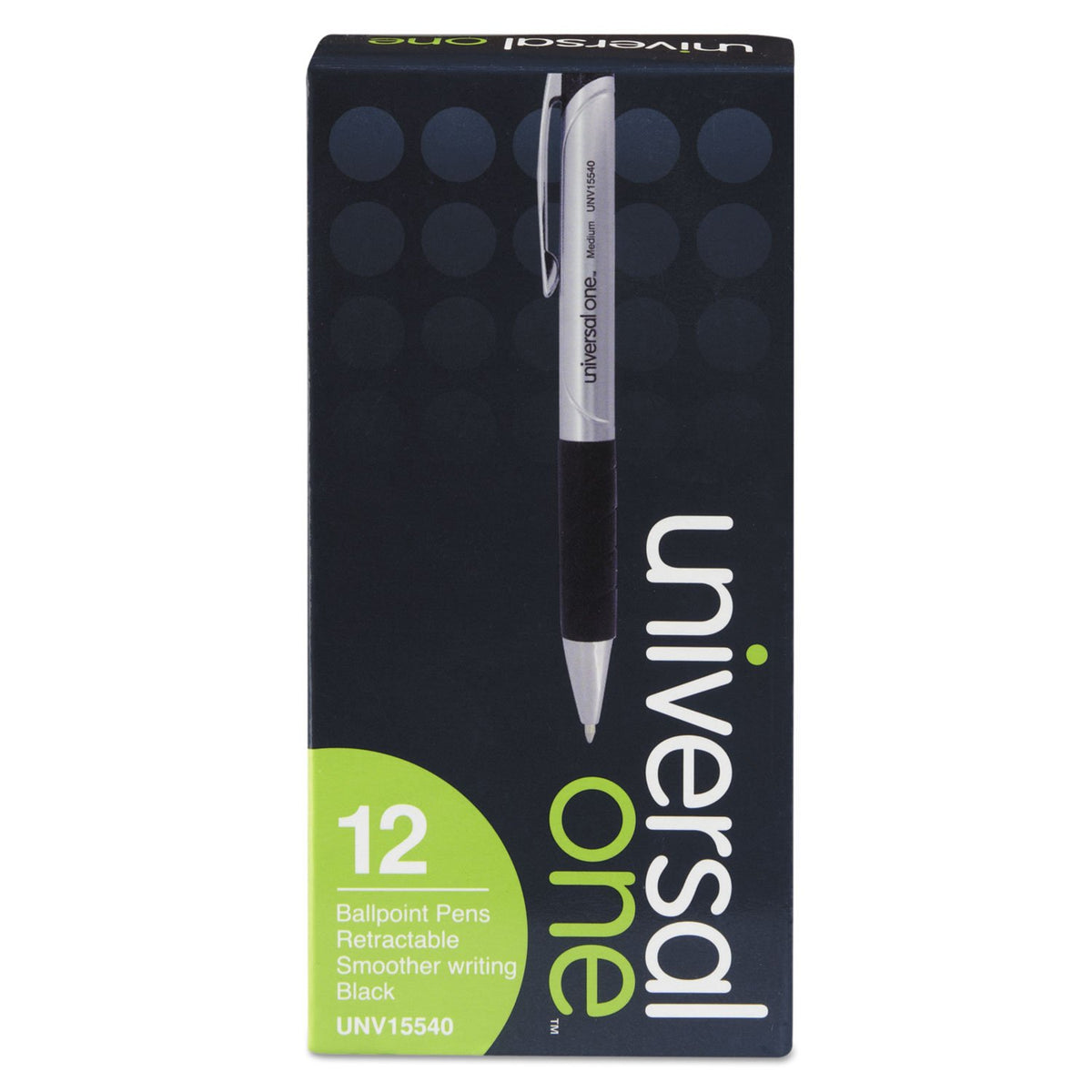 Universal 15540 Advanced Ink Retractable Ballpoint Pen, Black Ink, Silver, 1mm, Dozen