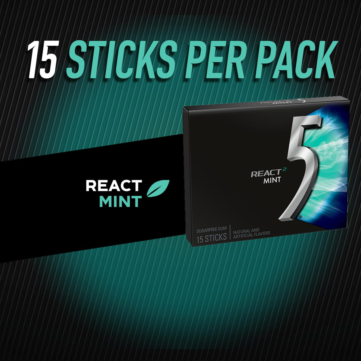 5 GUM React Mint Sugar Free Chewing Gum Bulk, 15 Stick (10 Pack)