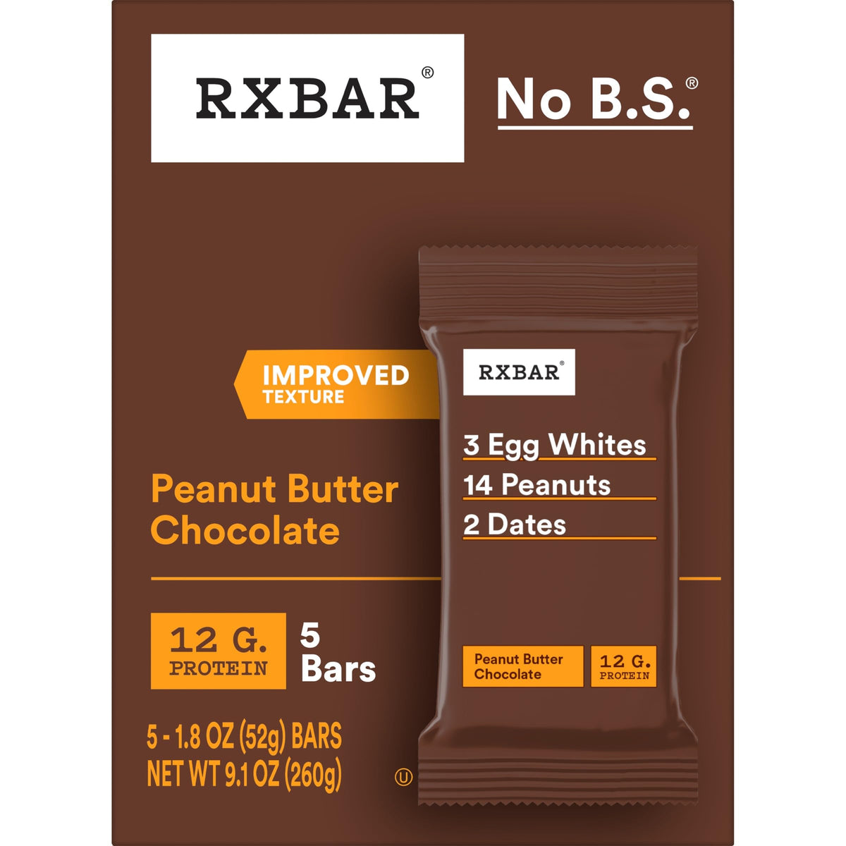 RXBAR Protein Bars, Protein Snack, Snack Bars, Peanut Butter Chocolate, 9.1oz Box (5 Bars)