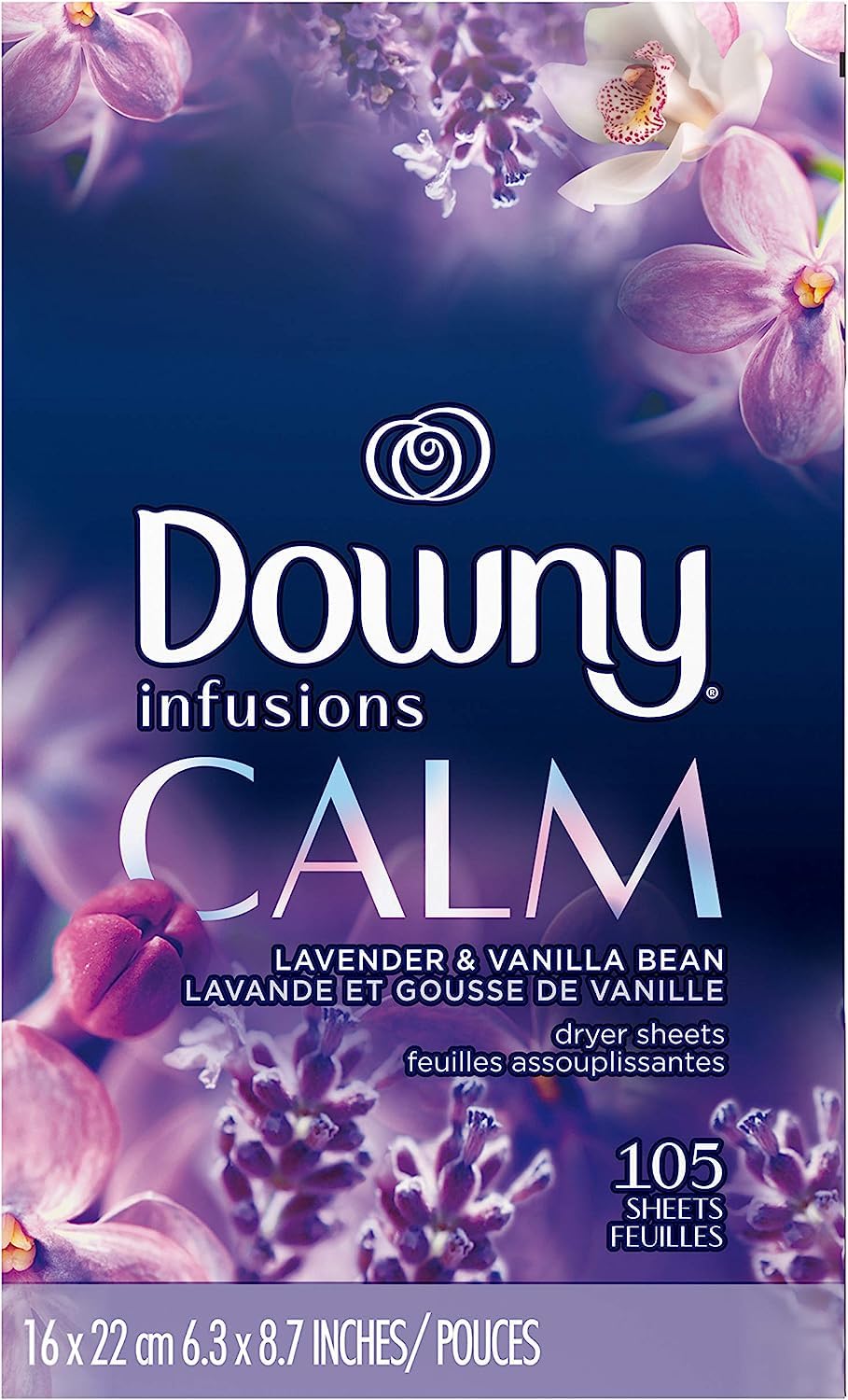 Downy Infusions Dryer Sheets Laundry Fabric Softener, Calm, Lavender & Vanilla Bean, 105 count