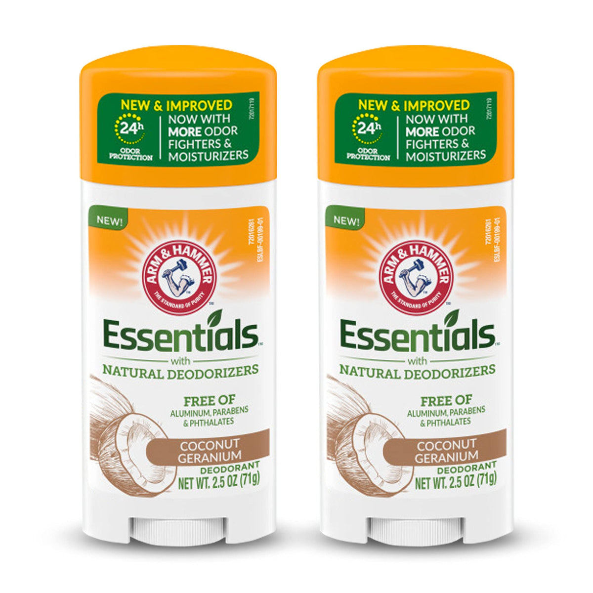 ARM & HAMMER Essentials Deodorant - Made with Natural Deodorizers - Coconut Geranium - Free From Aluminum, Parabens & Phthalates, 2.5 oz (Pack of 2)