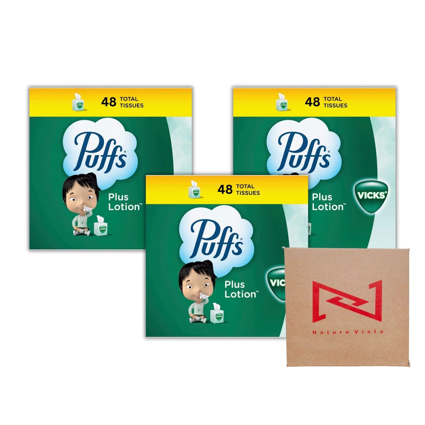 Puff_s Plus Lotion with Vick Facial Tissues 3 Cubes (48 Tissues per Box), Soft Lotion Tissue in Nature Vista Box.