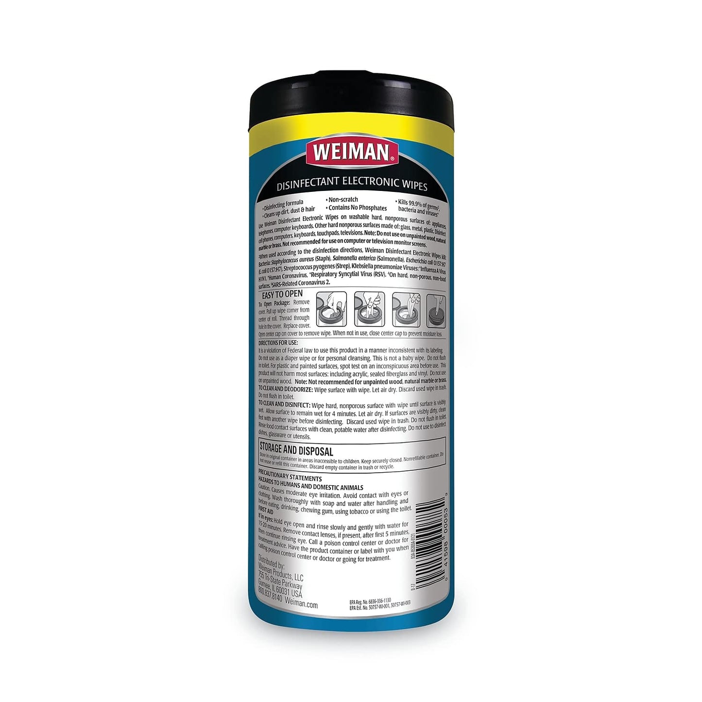 WEIMAN E-tronic Wipes, 7 x 8, White, 30/Canister, 4/Carton (93ACT)