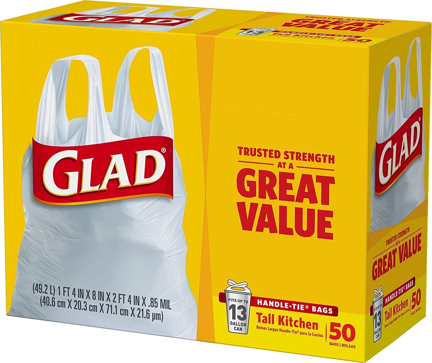 Glad Tall Kitchen Handle-Tie Trash Bags 13 Gallon White 50.0 ea (pack of 2)
