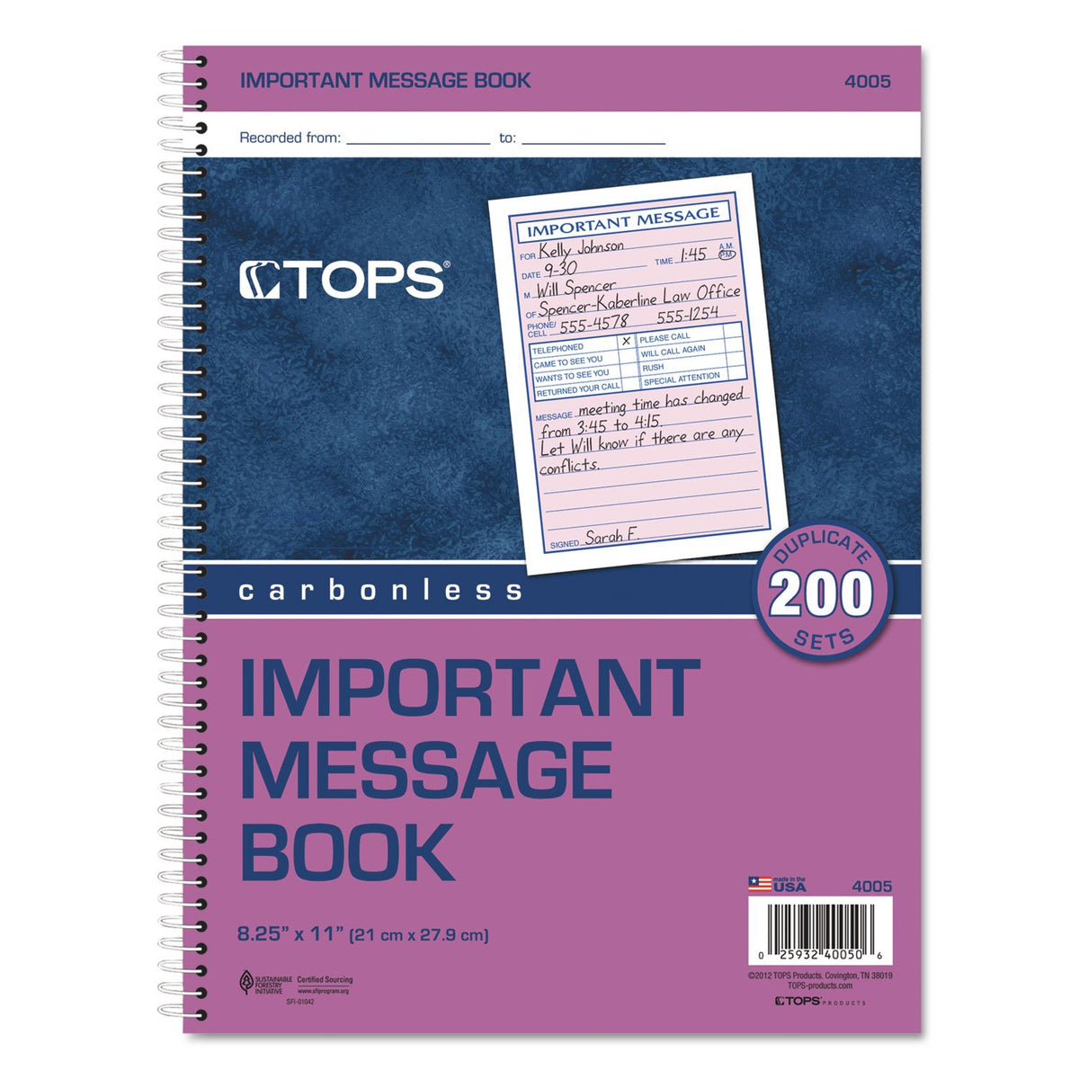 TOPS 4005 Telephone Message Book, Fax/Mobile Section, 5 1/2 x 3 3/16, Two-Part, 200/Book