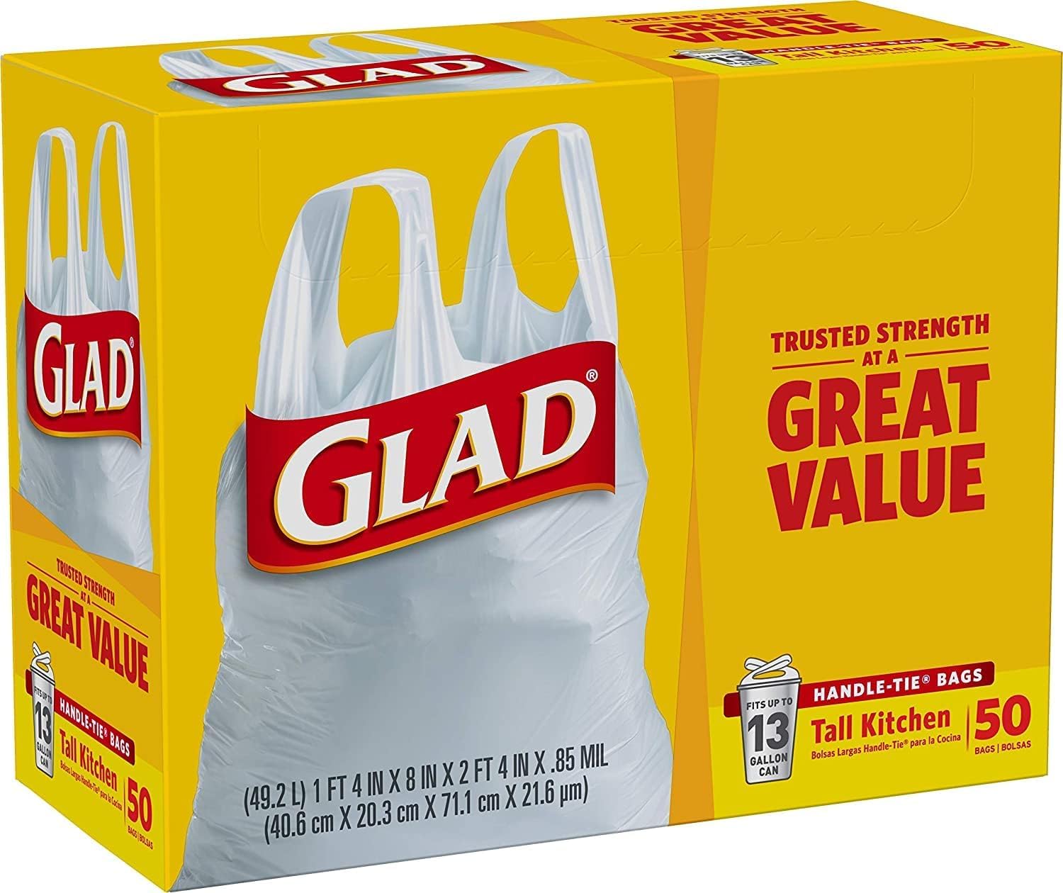 Glad Tall Kitchen Handle-Tie Trash Bags 13 Gallon White 50.0 ea (pack of 2)