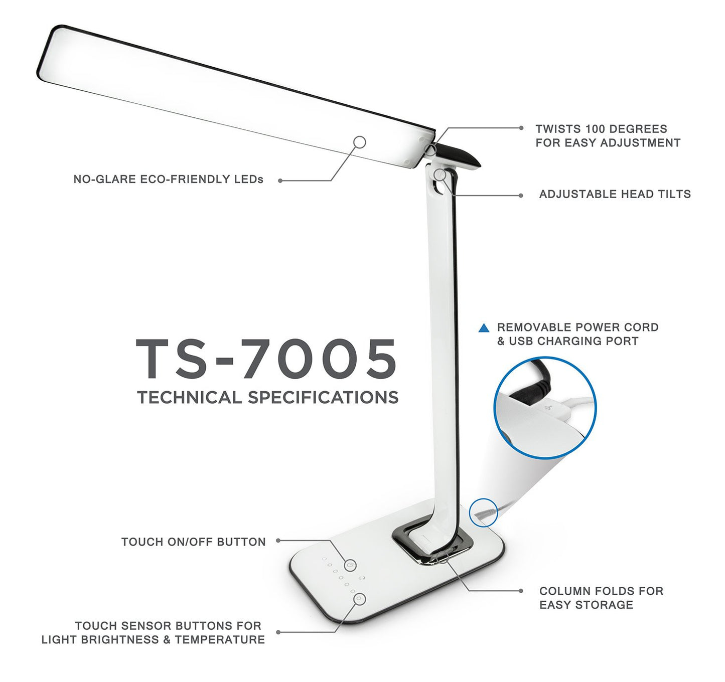 Turcom LED Desk Lamp With USB Charging Port Dimmable Touch Controls w/Color Adjustment, Eye Care Task Lamp, 5W, 1000 Lux,Multicolor