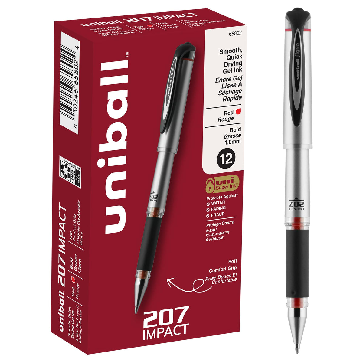 uniball 207 Impact Gel Pen, Stick, Bold 1 Mm, Red Ink, Black Barrel