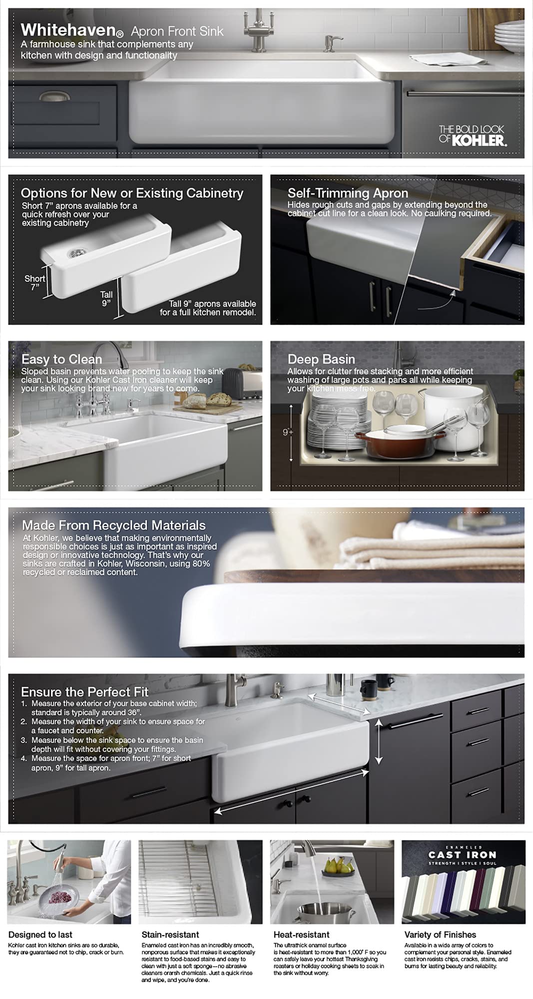 Kohler 5664-96 Whitehaven® 23-1/2" undermount single-bowl farmhouse kitchen sink, Biscuit