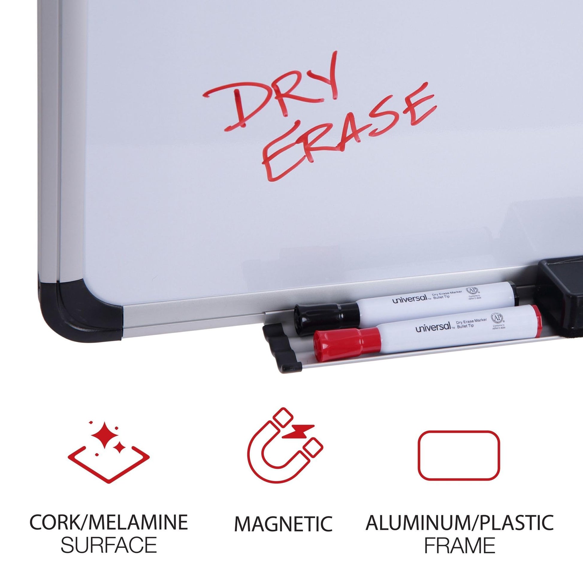 Universal UNV43743 36 in. x 24 in. Melamine Cork/Dry Erase Board - Tan/White Surface, Aluminum/Plastic Frame